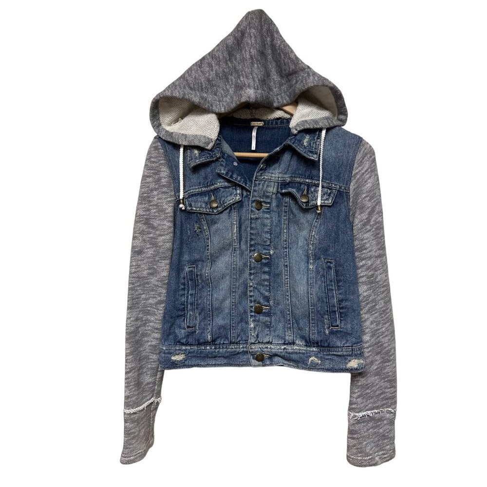 Free People Denim Knit Sleeve Hooded Hoodie Jacket Women's Size Small - Picture 2 of 10